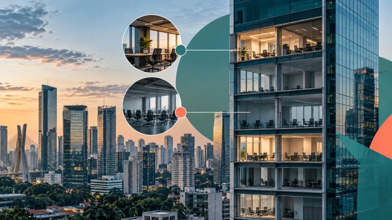 Edifício corporativo em São Paulo com andares ocupados e vazios representando a vacância de escritórios