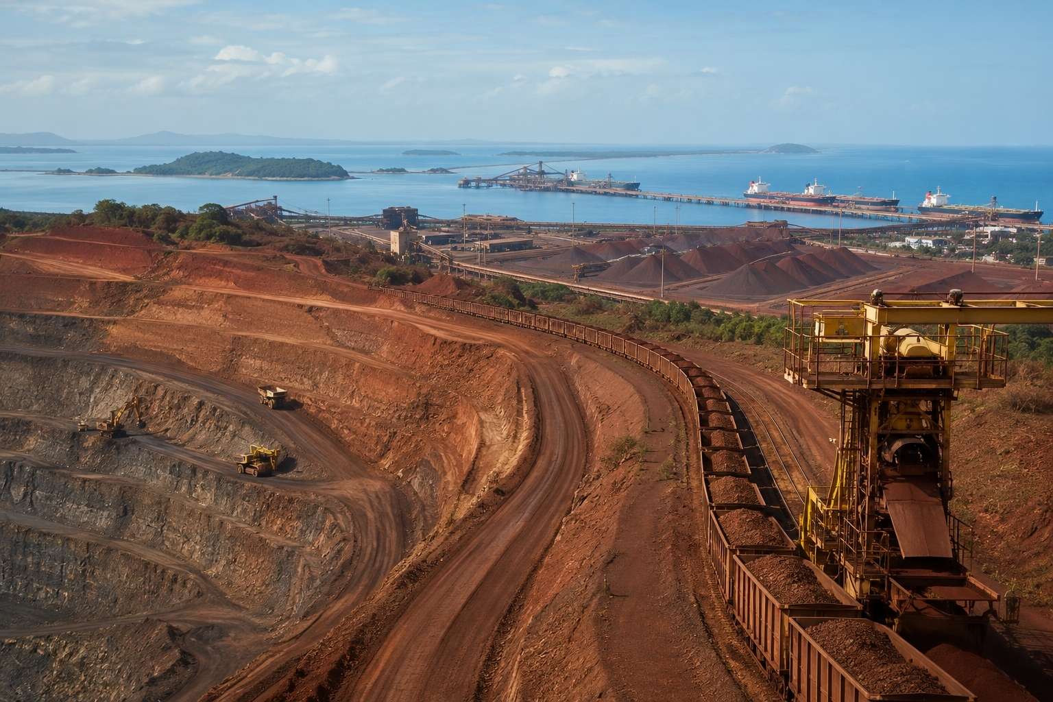 Mina de minério de ferro com trem de carga, pátio de estocagem e porto de embarque ao fundo.