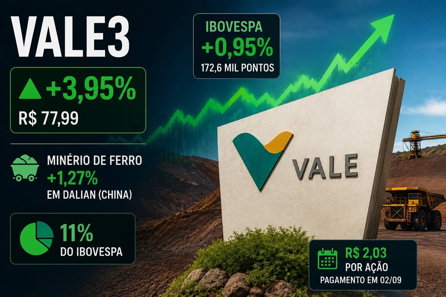 Vale (VALE3) dispara quase 4% com minério e volta perto dos R$ 78