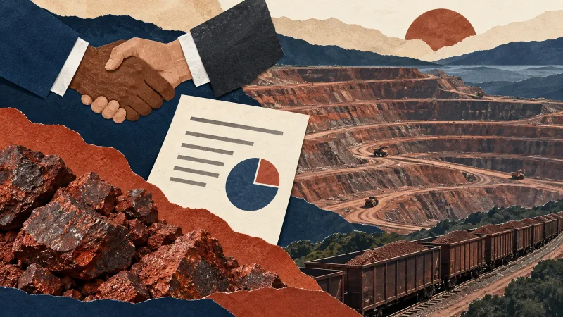 Colagem ilustrativa de mina, minério de ferro e contrato para acordo da Vale com a Ligga