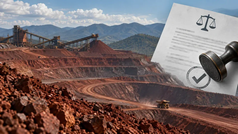 Colagem ilustrativa de mina de minério de ferro em Minas Gerais e elementos de decisão judicial