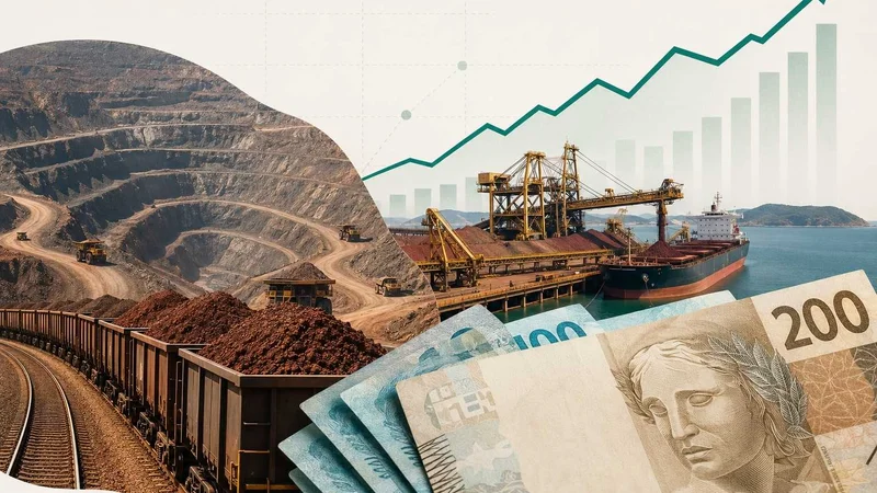 Colagem com mina de minério, trem de carga, terminal portuário e cédulas de real, em referência aos proventos da Vale.
