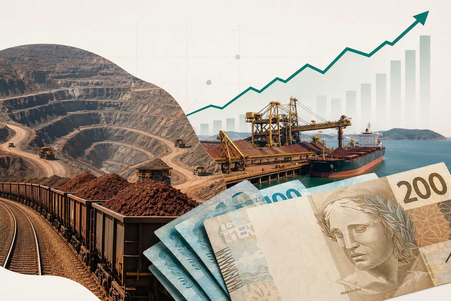 Colagem com mina de minério, trem de carga, terminal portuário e cédulas de real, em referência aos proventos da Vale.
