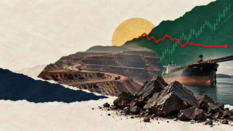 Colagem editorial clean sobre vale3 fica fora do rali com minério na mínima de dois anos