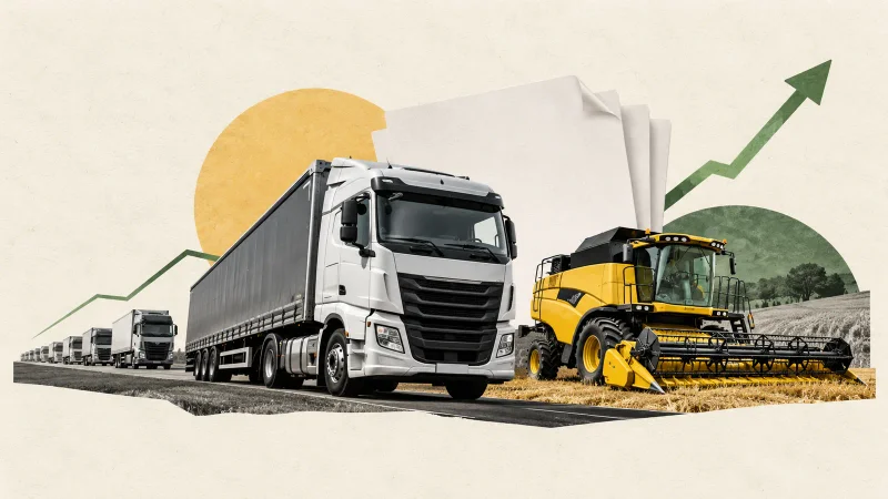 Colagem editorial com caminhão, máquina agrícola, frota e papéis de contrato representando a prévia da Vamos