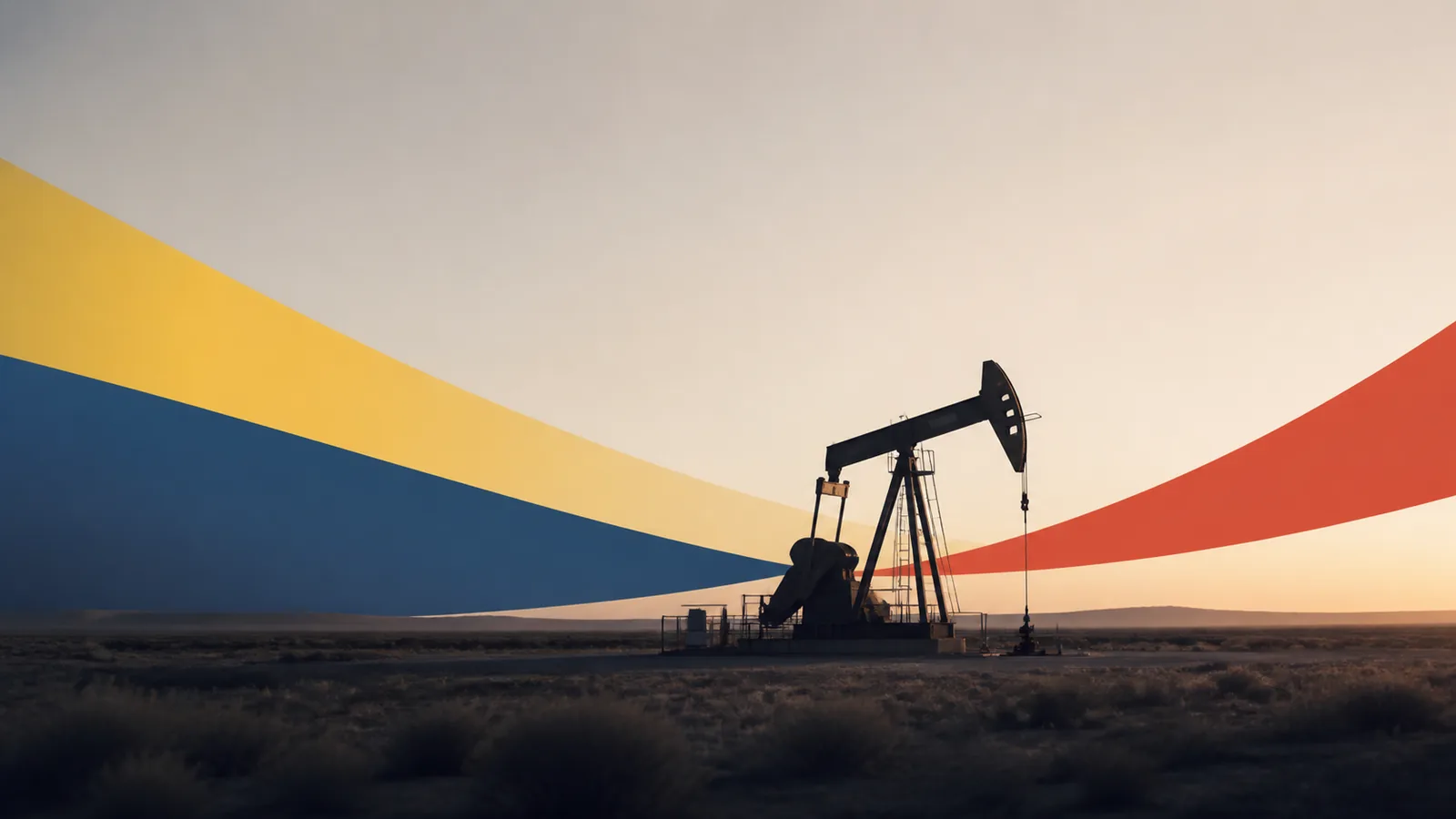 Bomba de petróleo e faixas abstratas em colagem minimalista sobre o acordo entre Venezuela e Estados Unidos