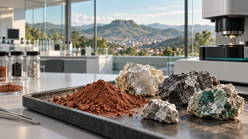 Amostras minerais analisadas em laboratório com paisagem de Poços de Caldas ao fundo