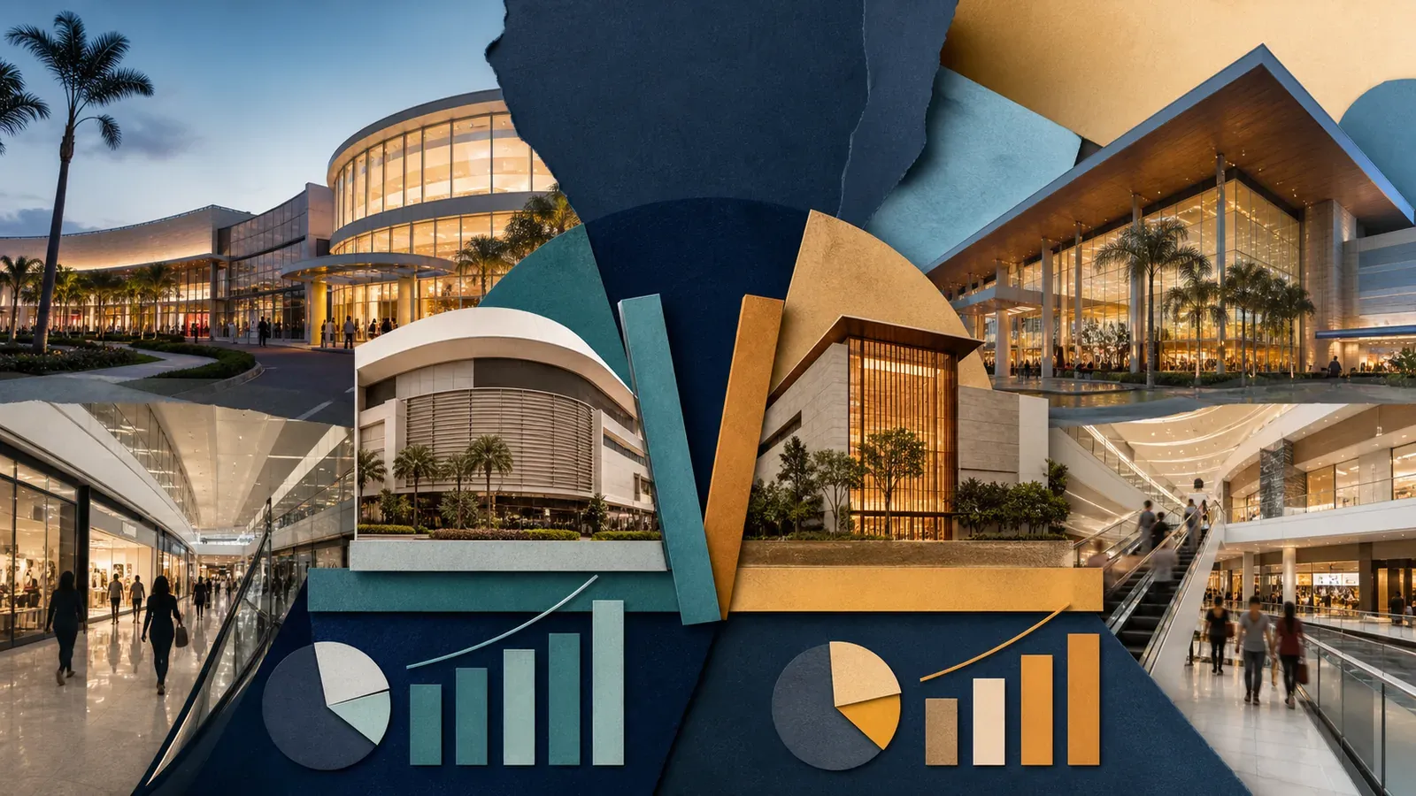 Colagem editorial comparando os portfólios de shopping centers de VISC11 e HSML11