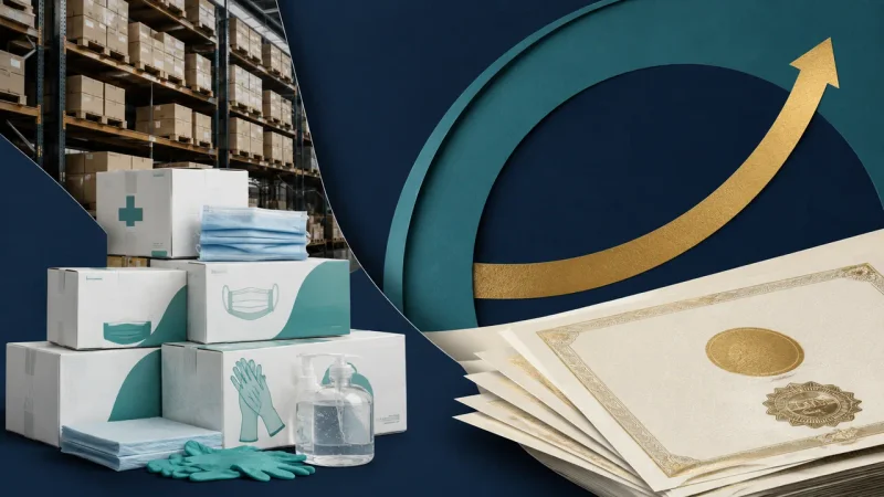 Colagem minimalista com centro de distribuição de produtos médicos e certificados representando o aumento de capital da Viveo