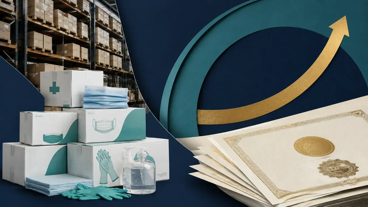 Colagem minimalista com centro de distribuição de produtos médicos e certificados representando o aumento de capital da Viveo