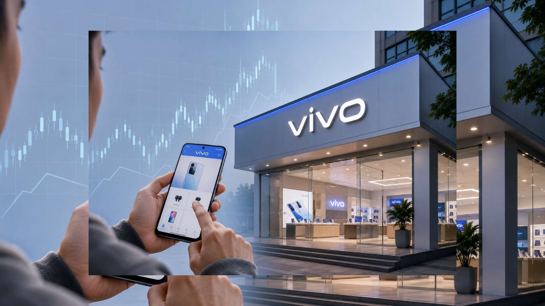 Fachada de loja da Vivo com cliente usando o aplicativo da operadora no smartphone e gráfico da VIVT3 ao fundo.