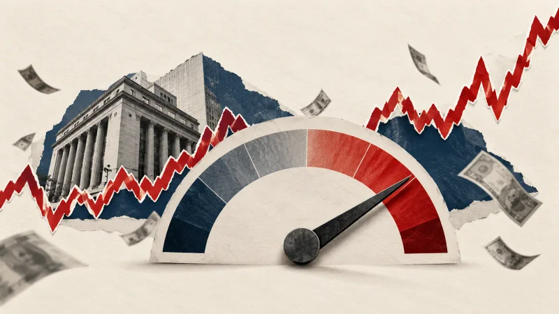 Medidor de volatilidade, gráfico serrilhado e prédio de bolsa em colagem editorial