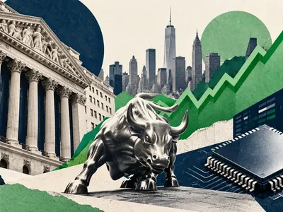 Colagem minimalista com bolsa de Nova York, gráfico de alta, touro e chip