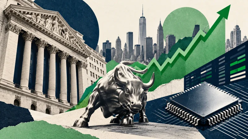 Colagem minimalista com bolsa de Nova York, gráfico de alta, touro e chip