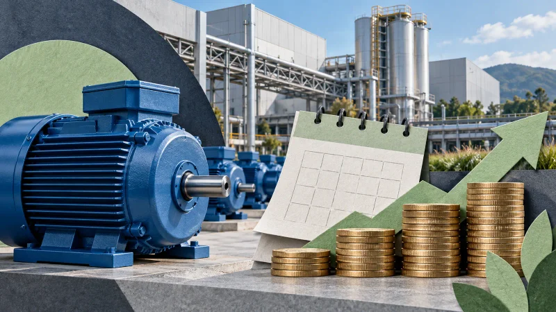 Motor elétrico, fábrica, calendário e moedas representam os juros sobre capital próprio da WEG