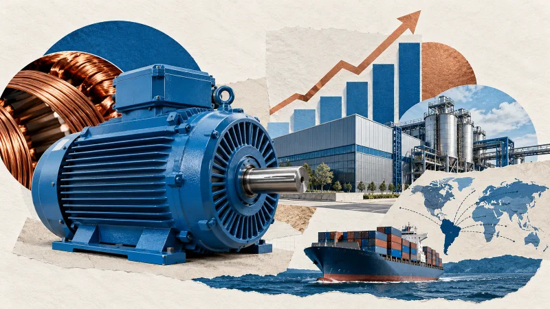 Colagem editorial com motor elétrico, cobre, fábrica e navio representando o resultado global da WEG