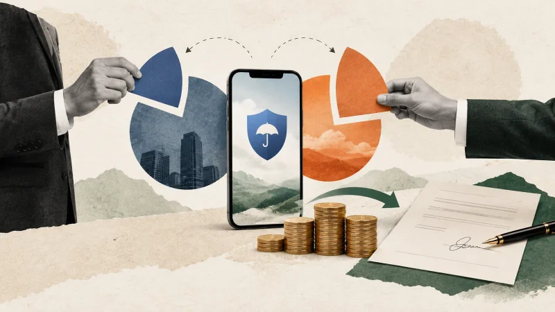 Colagem minimalista com aperto de mãos, apólice de seguros, aplicativo bancário genérico e cifra de R$ 409,5 milhões
