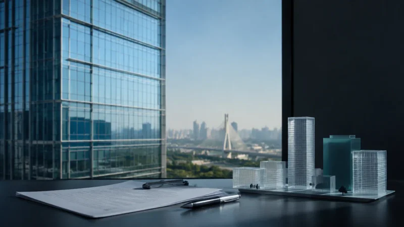 Colagem minimalista com torre corporativa, documento e maquete representando proposta recebida pelo fundo imobiliário WTSP11