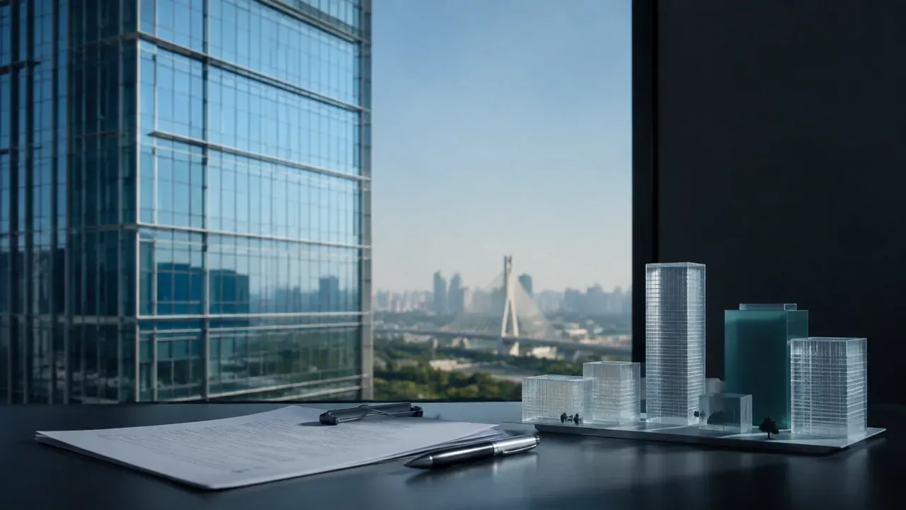 Colagem minimalista com torre corporativa, documento e maquete representando proposta recebida pelo fundo imobiliário WTSP11