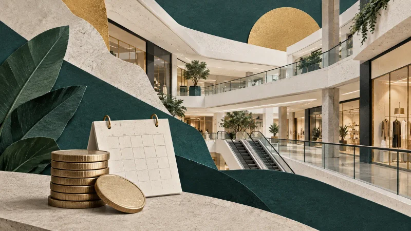 Colagem editorial de shopping center, calendário e moedas representando rendimento de fundo imobiliário