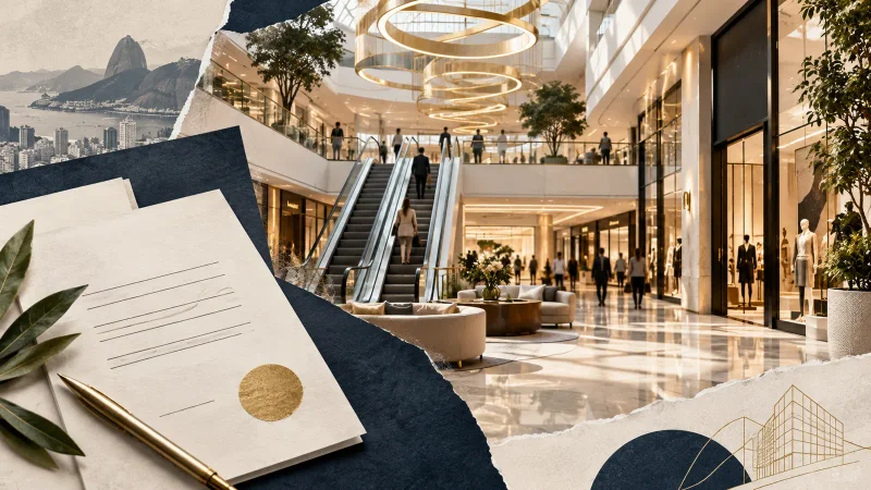 Colagem ilustrativa de shopping center e documento sobre venda de participação do XPML11.