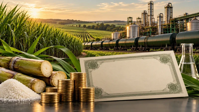Colagem minimalista com canavial, usina de etanol, trem, certificado e moedas
